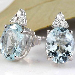 4.25Ct Aquamarine & Diamond 14KW Gold Stud Earring